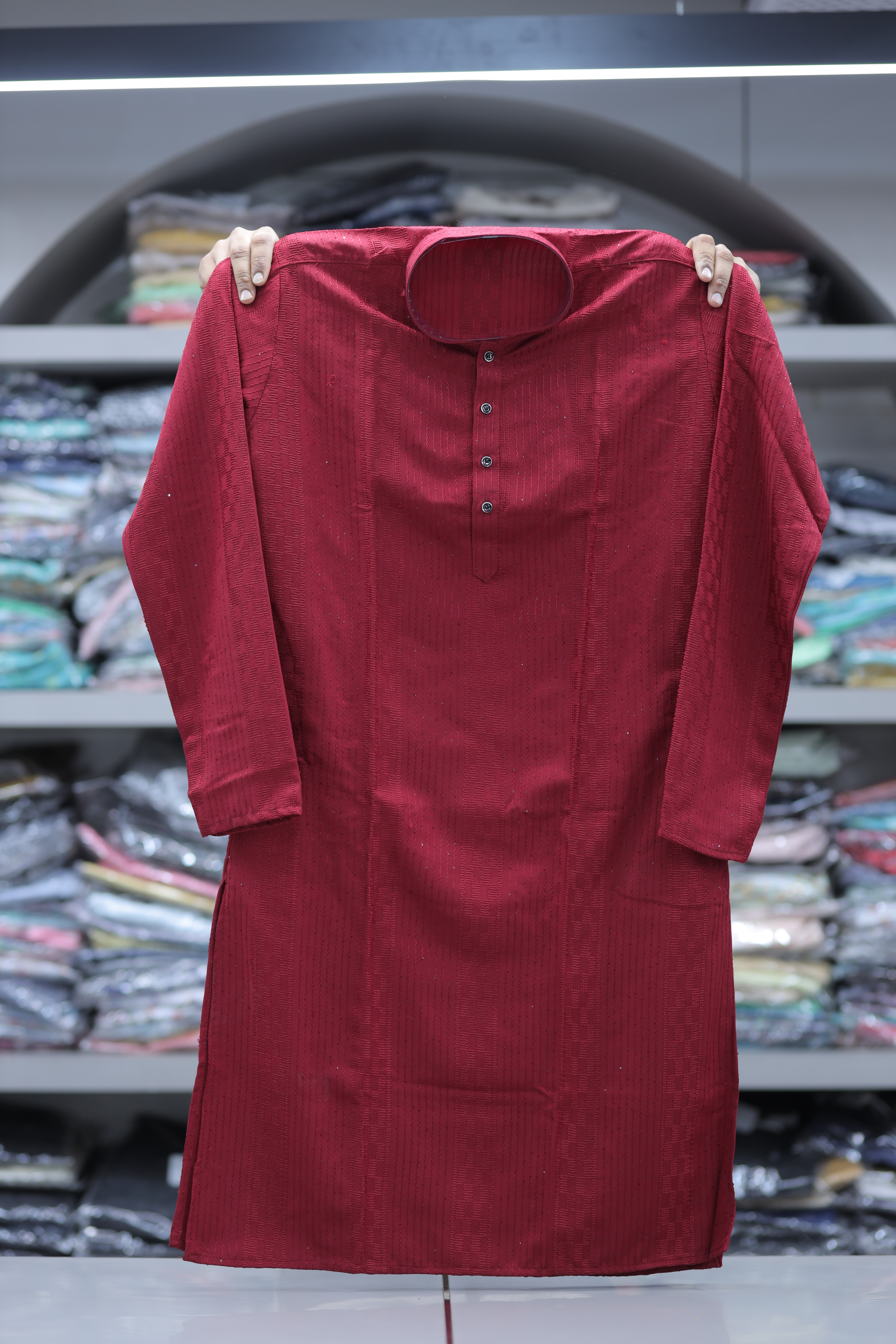 Crimson Ember Weave Regal Kurta