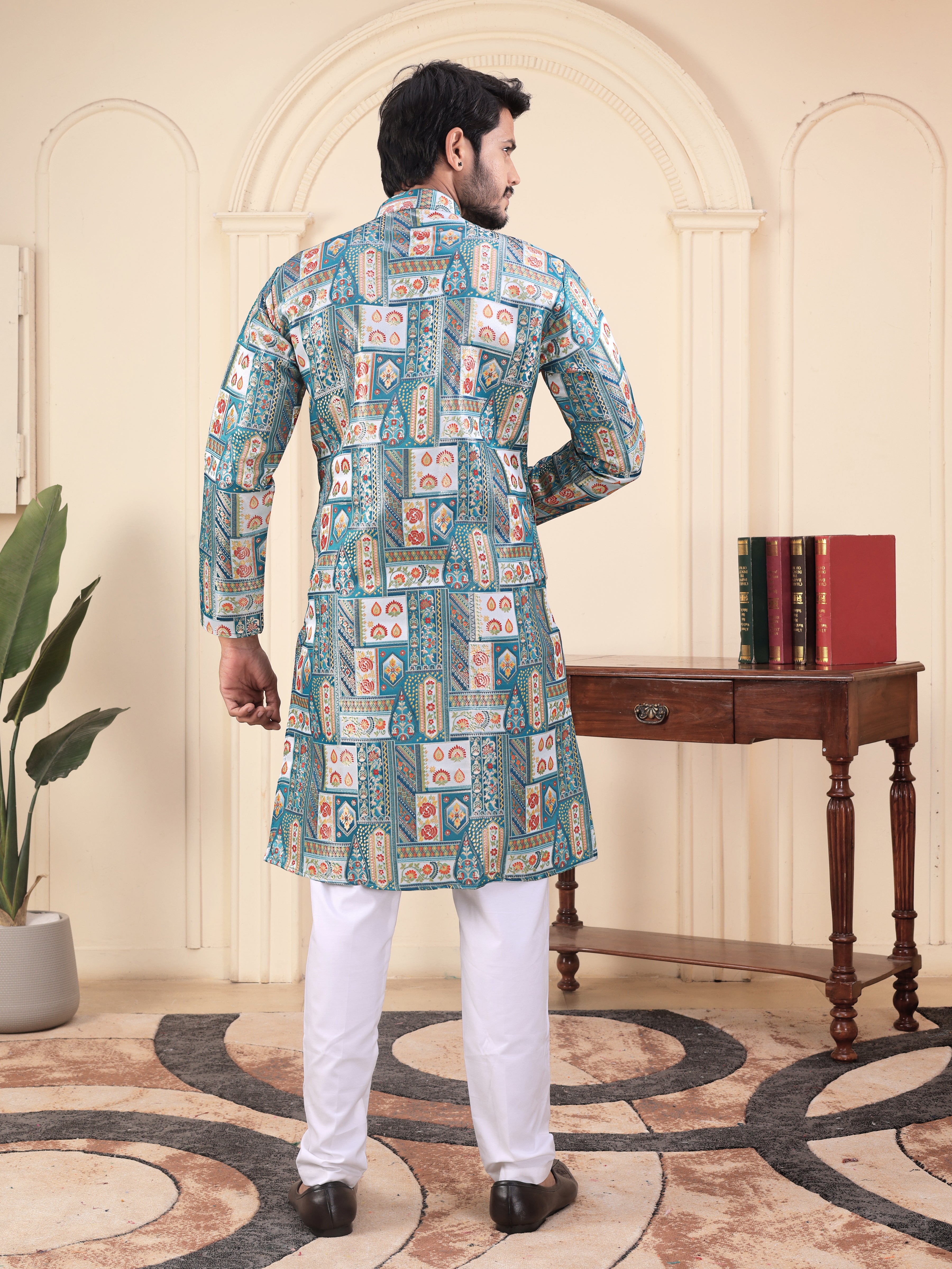 Azure Mosaic Heritage Kurta – Jacquard Sequence Position Print