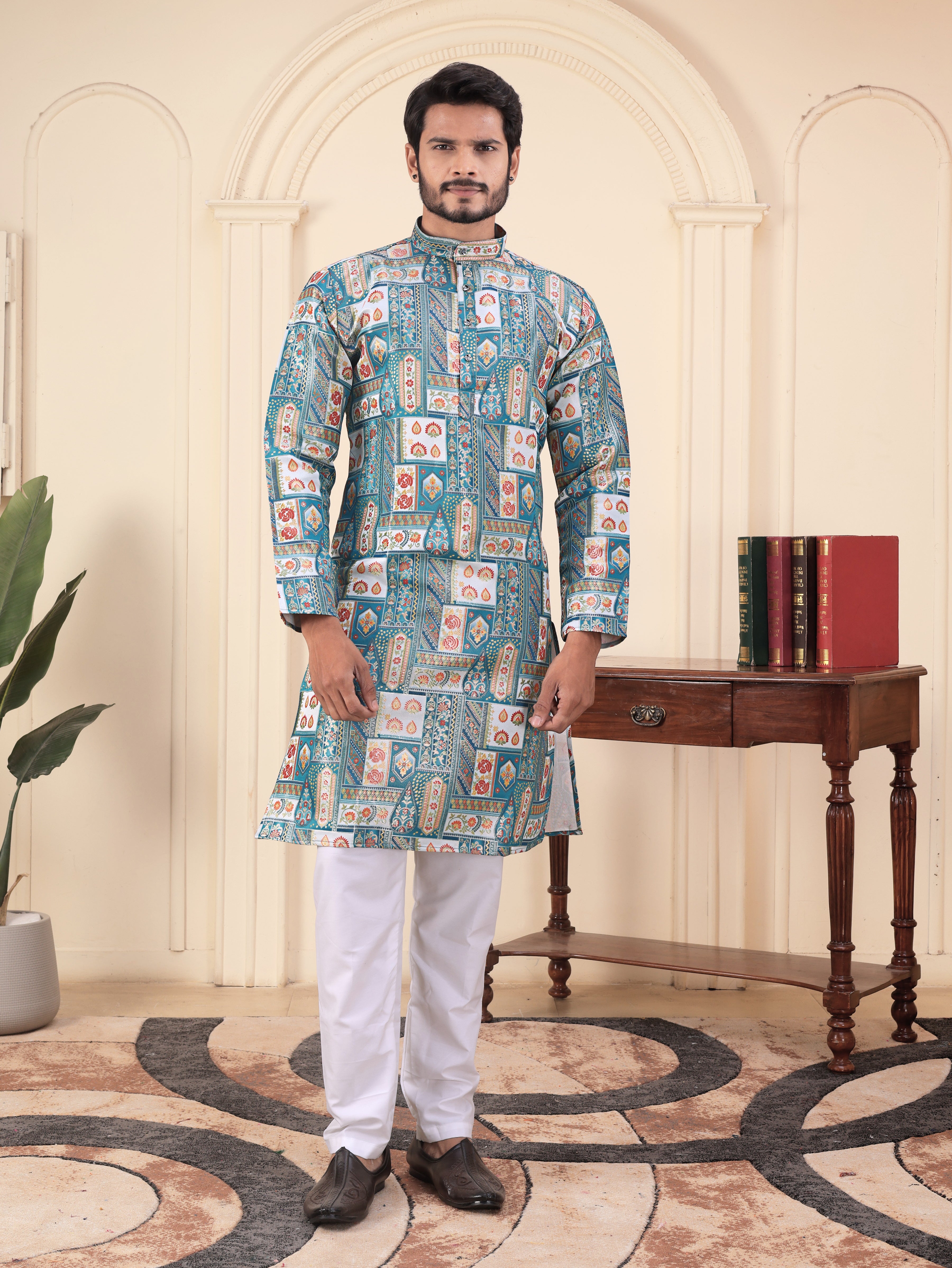 Azure Mosaic Heritage Kurta – Jacquard Sequence Position Print