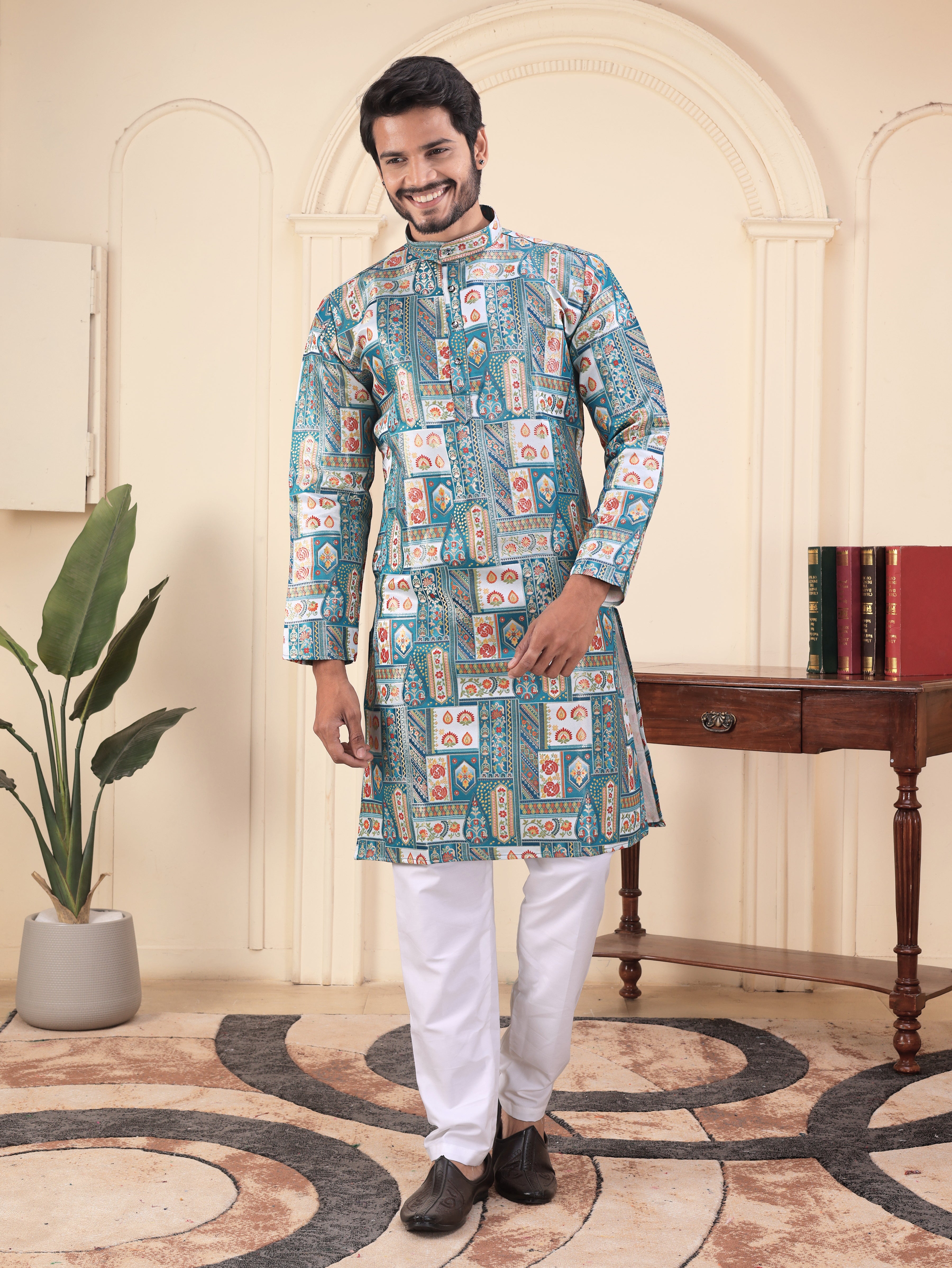 Azure Mosaic Heritage Kurta – Jacquard Sequence Position Print