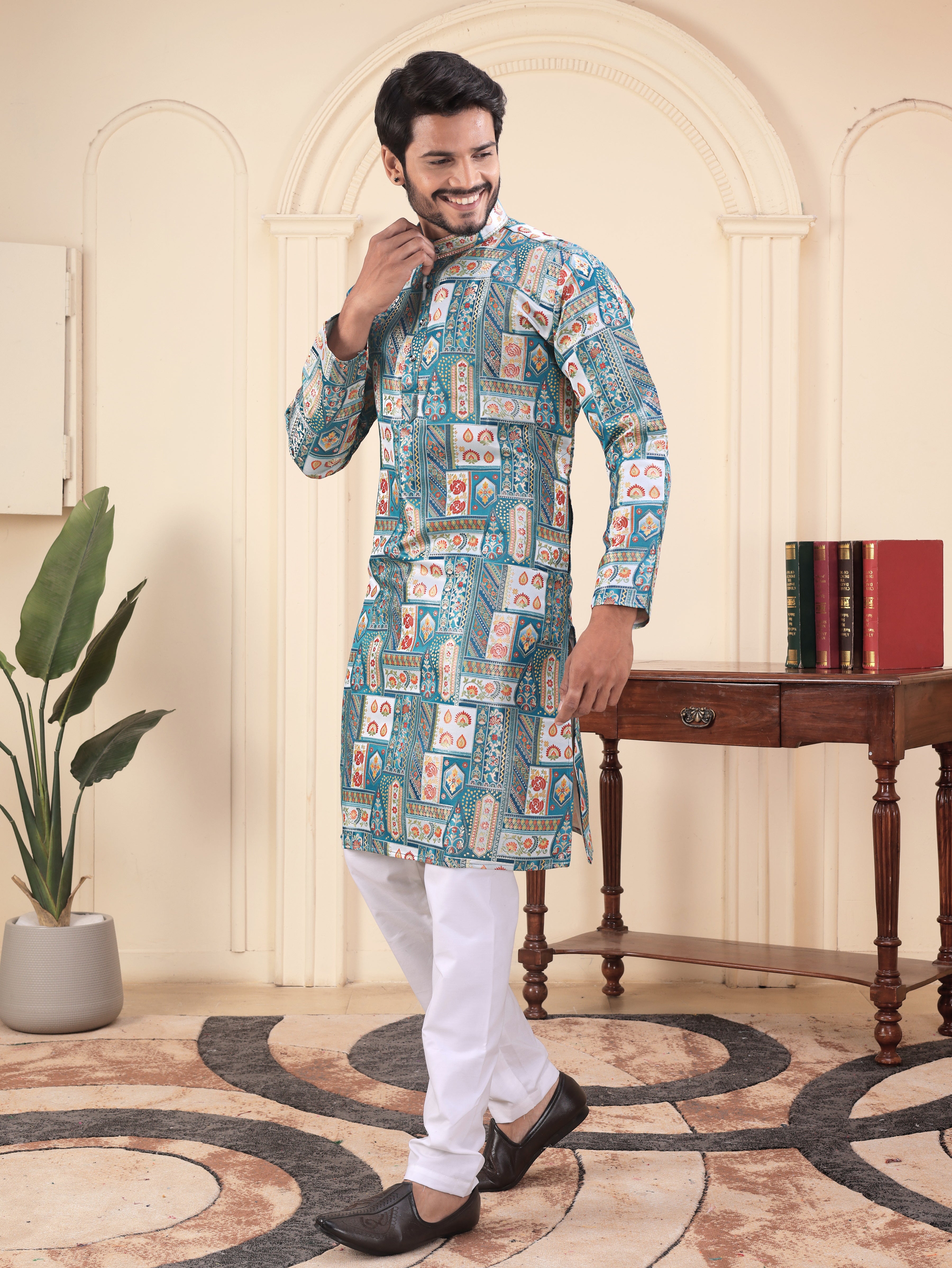 Azure Mosaic Heritage Kurta – Jacquard Sequence Position Print