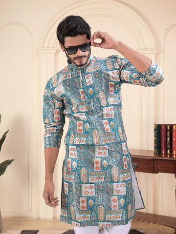 Azure Mosaic Heritage Kurta – Jacquard Sequence Position Print