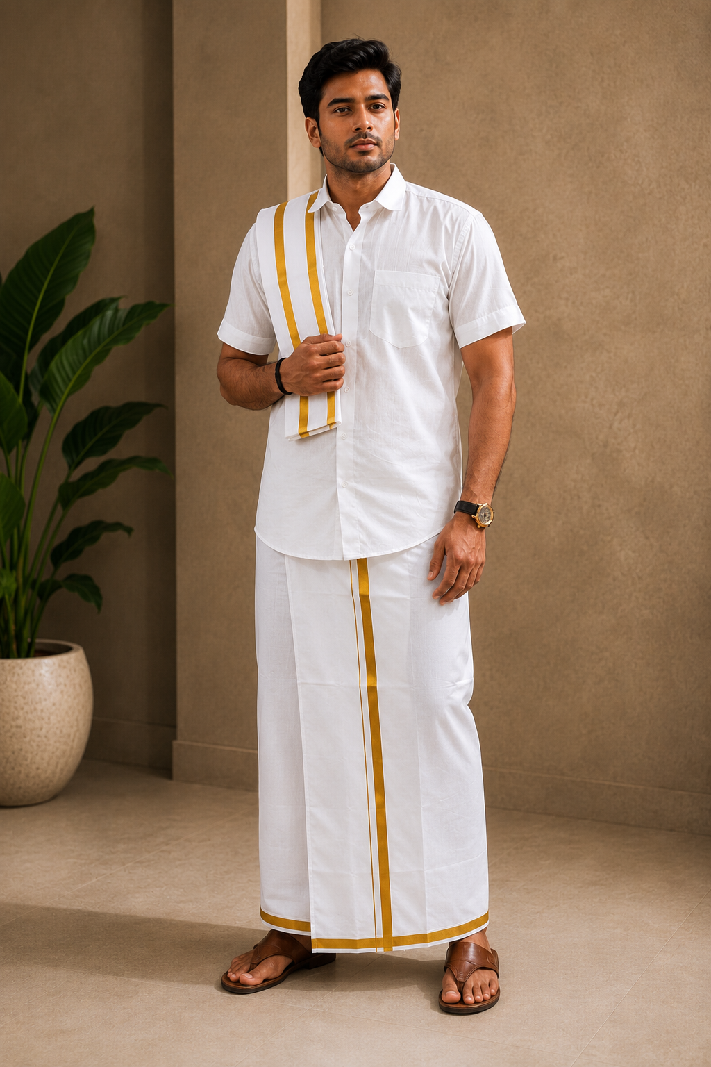 Aurelius Gold Border Traditional Mundu Set for Men