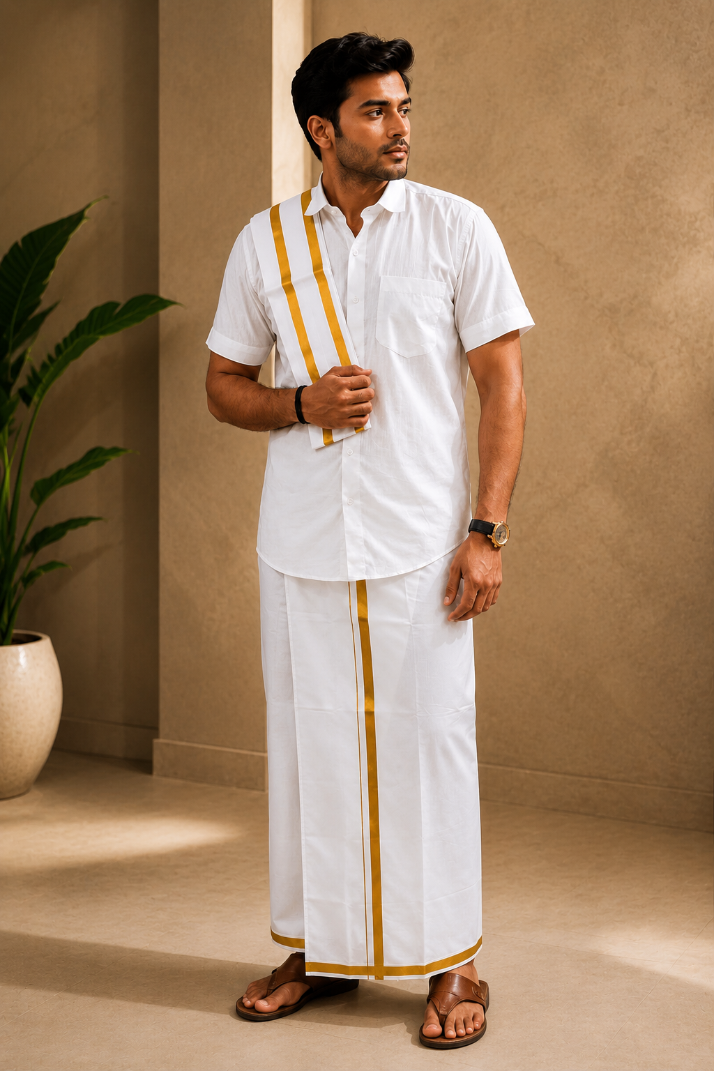 Aurelius Gold Border Traditional Mundu Set for Men