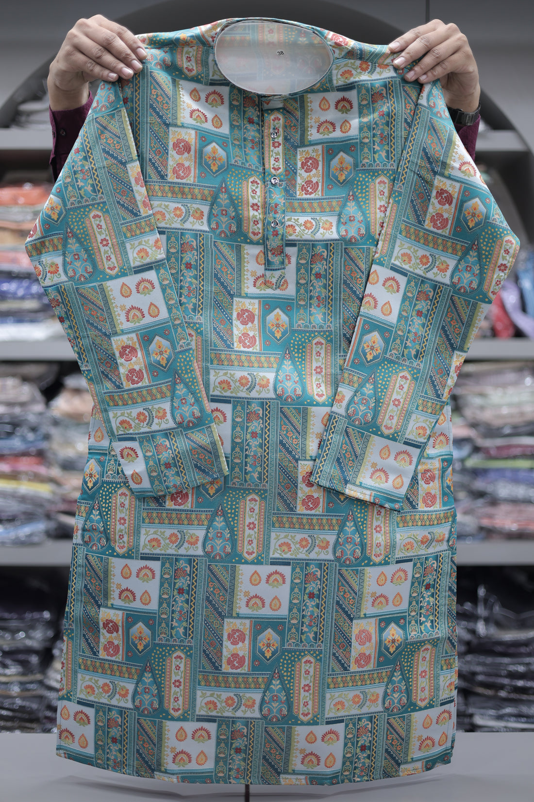 Azure Mosaic Heritage Kurta – Jacquard Sequence Position Print