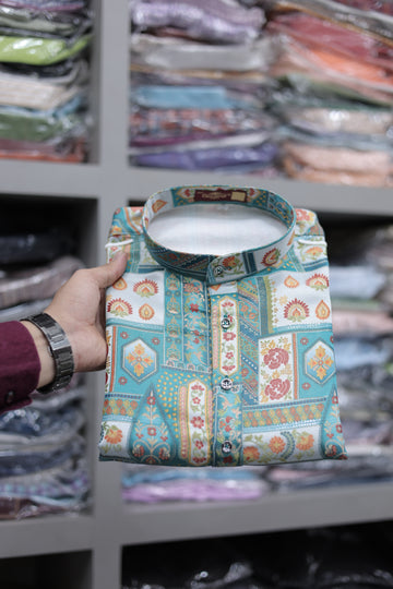 Azure Mosaic Heritage Kurta – Jacquard Sequence Position Print